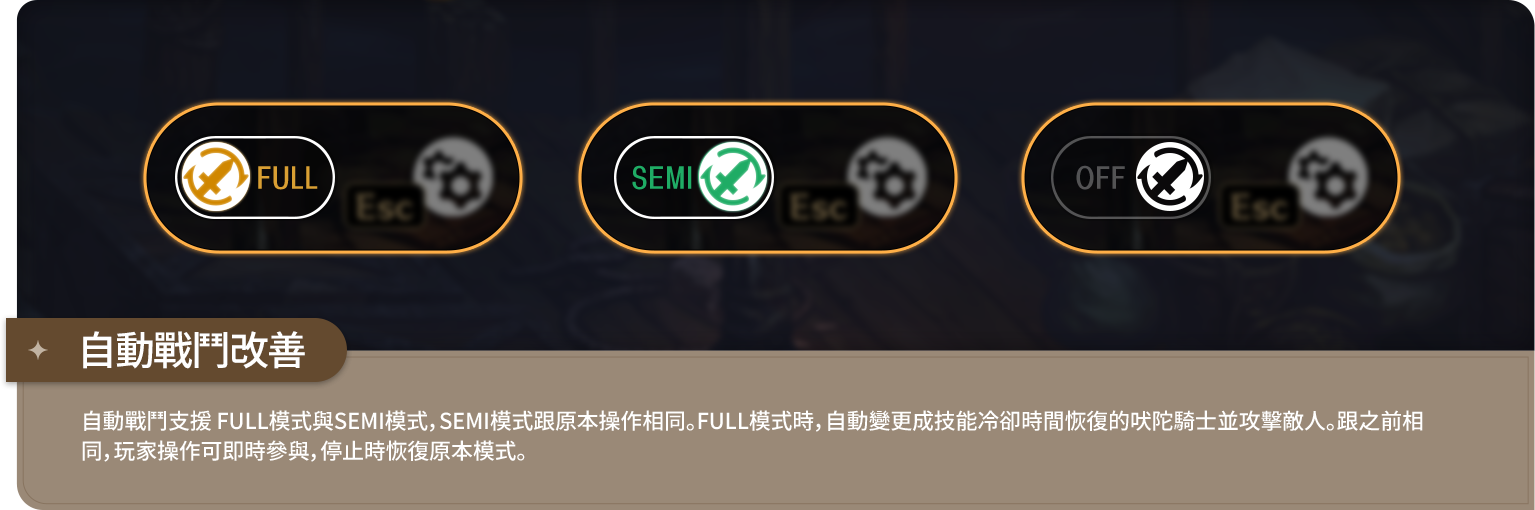 自動戰鬥改善 - 自動戰鬥支援 FULL模式與SEMI模式，SEMI模式跟原本操作相同。FULL模式時，自動變更成技能冷卻時間恢復的吠陀騎士並攻擊敵人。跟之前相同，玩家操作可即時參與，停止時恢復原本模式。